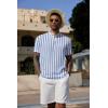 COOFANDY Men’s Casual Henley Shirt Band Collar Short Sleeve Shirt Summer Beach Hippie T-Shirt(Stripe-white & Light Blue)