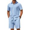 COOFANDY Men’s 2 Piece Outfit Casual Short Sleeve Button Down Shirt and Beach Shorts Set Summer Vacation Outfits for Men(White Blue Stripe)