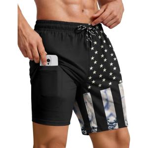COOFANDY 2 in 1 Mens Swim Trunks 7 Inch Quick Dry Board Shorts Beach Swim Shorts Bathing Suit with Compression Liner(Black American Flag)