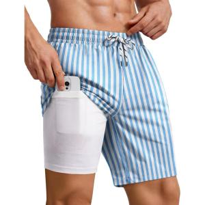 COOFANDY 2 in 1 Mens Swim Trunks 7 Inch Quick Dry Board Shorts Beach Swim Shorts Bathing Suit with Compression Liner(Blue Stripe)