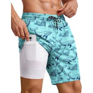 COOFANDY 2 in 1 Mens Swim Trunks 7 Inch Quick Dry Board Shorts Beach Swim Shorts Bathing Suit with Compression Liner(Blue Whale)