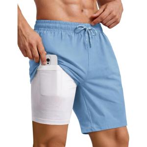 COOFANDY 2 in 1 Mens Swim Trunks 7 Inch Quick Dry Board Shorts Beach Swim Shorts Bathing Suit with Compression Liner(Light Blue)