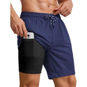 COOFANDY 2 in 1 Mens Swim Trunks 7 Inch Quick Dry Board Shorts Beach Swim Shorts Bathing Suit with Compression Liner(Navy Bule)