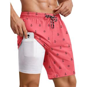 COOFANDY 2 in 1 Mens Swim Trunks 7 Inch Quick Dry Board Shorts Beach Swim Shorts Bathing Suit with Compression Liner(Pink Anchor)
