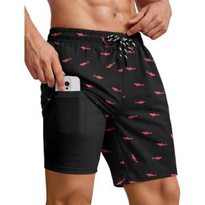 COOFANDY 2 in 1 Mens Swim Trunks 7 Inch Quick Dry Board Shorts Beach Swim Shorts Bathing Suit with Compression Liner(Pinkshark Black)