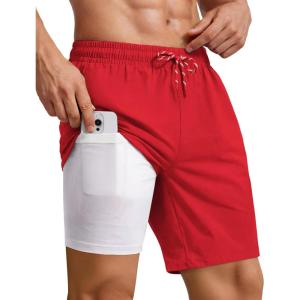 COOFANDY 2 in 1 Mens Swim Trunks 7 Inch Quick Dry Board Shorts Beach Swim Shorts Bathing Suit with Compression Liner(Red)