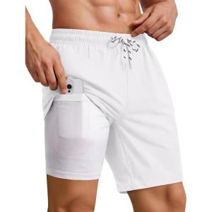 COOFANDY 2 in 1 Mens Swim Trunks 7 Inch Quick Dry Board Shorts Beach Swim Shorts Bathing Suit with Compression Liner(White)