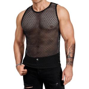 COOFANDY Men Casual Tank Tops Mesh Shirt See Through Sleeveless Shirts Muscle Fishnet Fitted Tee Clubwear Summer(Black)