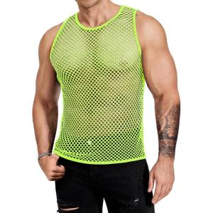 COOFANDY Men Casual Tank Tops Mesh Shirt See Through Sleeveless Shirts Muscle Fishnet Fitted Tee Clubwear Summer(Lime Green)