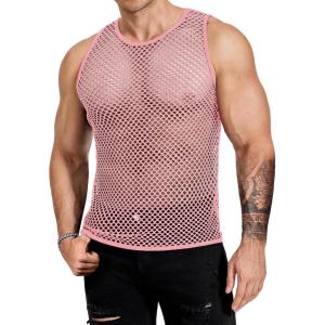 COOFANDY Men Casual Tank Tops Mesh Shirt See Through Sleeveless Shirts Muscle Fishnet Fitted Tee Clubwear Summer(Pink)
