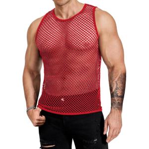 COOFANDY Men Casual Tank Tops Mesh Shirt See Through Sleeveless Shirts Muscle Fishnet Fitted Tee Clubwear Summer(Red)