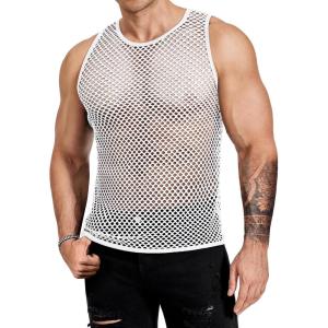 COOFANDY Men Casual Tank Tops Mesh Shirt See Through Sleeveless Shirts Muscle Fishnet Fitted Tee Clubwear Summer(White)