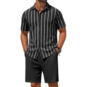 COOFANDY Men’s 2 Piece Outfit Casual Short Sleeve Button Down Shirt and Beach Shorts Set Summer Vacation Outfits for Men(Black Stripe)
