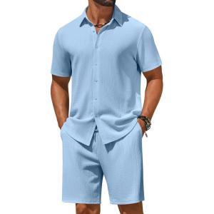 COOFANDY Men’s 2 Piece Outfit Casual Short Sleeve Button Down Shirt and Beach Shorts Set Summer Vacation Outfits for Men(Blue)