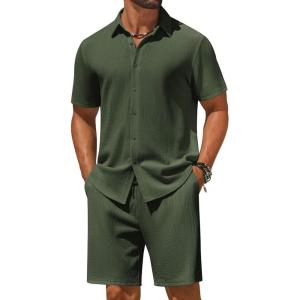 COOFANDY Men’s 2 Piece Outfit Casual Short Sleeve Button Down Shirt and Beach Shorts Set Summer Vacation Outfits for Men(Dark Green)