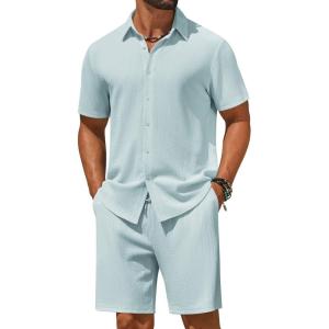 COOFANDY Men’s 2 Piece Outfit Casual Short Sleeve Button Down Shirt and Beach Shorts Set Summer Vacation Outfits for Men(Light Blue)