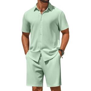 COOFANDY Men’s 2 Piece Outfit Casual Short Sleeve Button Down Shirt and Beach Shorts Set Summer Vacation Outfits for Men(Light Green)