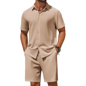 COOFANDY Men’s 2 Piece Outfit Casual Short Sleeve Button Down Shirt and Beach Shorts Set Summer Vacation Outfits for Men(Light Khaki)