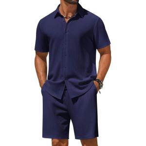 COOFANDY Men’s 2 Piece Outfit Casual Short Sleeve Button Down Shirt and Beach Shorts Set Summer Vacation Outfits for Men(Navy Blue)
