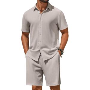 COOFANDY Men’s 2 Piece Outfit Casual Short Sleeve Button Down Shirt and Beach Shorts Set Summer Vacation Outfits for Men(Stone)