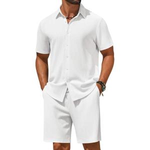 COOFANDY Men’s 2 Piece Outfit Casual Short Sleeve Button Down Shirt and Beach Shorts Set Summer Vacation Outfits for Men(White)
