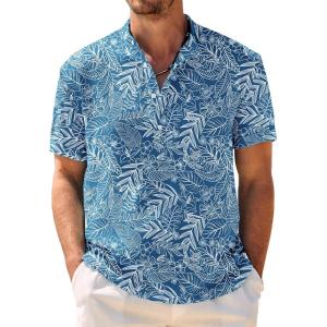 COOFANDY Men’s Casual Henley Shirt Band Collar Short Sleeve Shirt Summer Beach Hippie T-Shirt(Blue Palm Leaf)