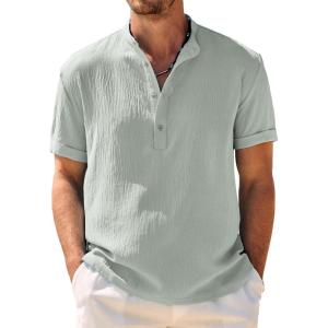 COOFANDY Men’s Casual Henley Shirt Band Collar Short Sleeve Shirt Summer Beach Hippie T-Shirt(Light Green Henley)