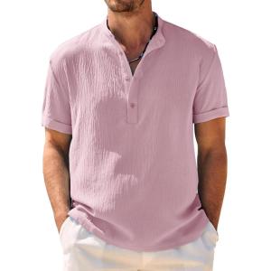 COOFANDY Men’s Casual Henley Shirt Band Collar Short Sleeve Shirt Summer Beach Hippie T-Shirt(Light Pink)