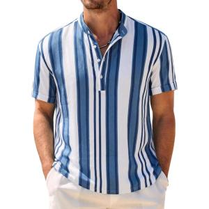 COOFANDY Men’s Casual Henley Shirt Band Collar Short Sleeve Shirt Summer Beach Hippie T-Shirt(Stripe-white & Blue)