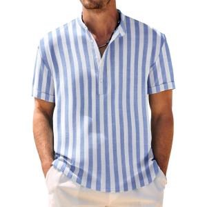 COOFANDY Men’s Casual Henley Shirt Band Collar Short Sleeve Shirt Summer Beach Hippie T-Shirt(Stripe-white & Light Blue)