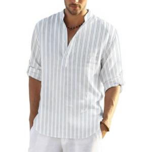 COOFANDY Men’s Cotton Linen Henley T-Shirt Long Sleeve Hippie Casual Beach T-Shirts(Blue Pinstripe)
