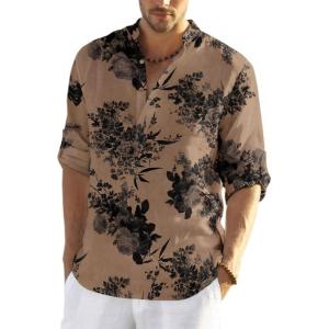COOFANDY Men’s Cotton Linen Henley T-Shirt Long Sleeve Hippie Casual Beach T-Shirts(Dark Khaki Floral)