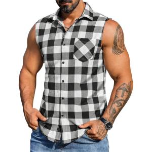 COOFANDY Mens Sleeveless Flannel Shirt Casual Summer Tank Top Button Up Sleeveless Beach Shirts with Chest Pocket(Black)