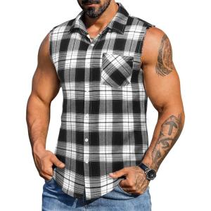 COOFANDY Mens Sleeveless Flannel Shirt Casual Summer Tank Top Button Up Sleeveless Beach Shirts with Chest Pocket(Black-1)