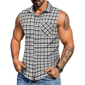 COOFANDY Mens Sleeveless Flannel Shirt Casual Summer Tank Top Button Up Sleeveless Beach Shirts with Chest Pocket(Black-2)