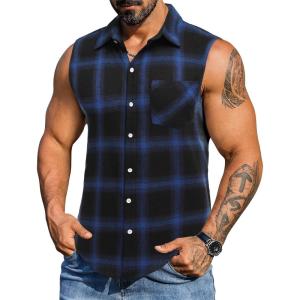 COOFANDY Mens Sleeveless Flannel Shirt Casual Summer Tank Top Button Up Sleeveless Beach Shirts with Chest Pocket(Blue-1)