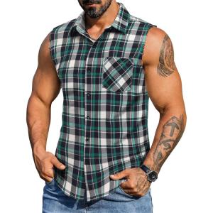 COOFANDY Mens Sleeveless Flannel Shirt Casual Summer Tank Top Button Up Sleeveless Beach Shirts with Chest Pocket(Blue-green)