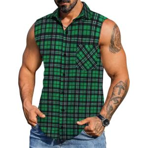 COOFANDY Mens Sleeveless Flannel Shirt Casual Summer Tank Top Button Up Sleeveless Beach Shirts with Chest Pocket(Green)
