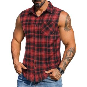 COOFANDY Mens Sleeveless Flannel Shirt Casual Summer Tank Top Button Up Sleeveless Beach Shirts with Chest Pocket(Red)