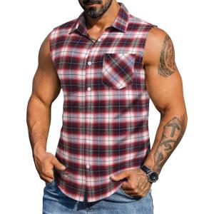 COOFANDY Mens Sleeveless Flannel Shirt Casual Summer Tank Top Button Up Sleeveless Beach Shirts with Chest Pocket(Red-1)