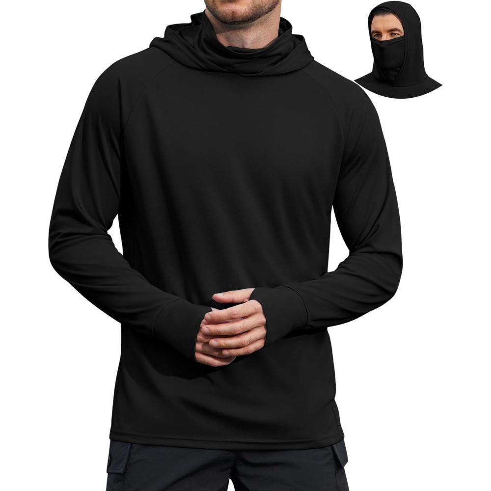 imageCOOFANDY Mens UPF 50 Sun Protection Hoodie with Mask Lightweight Long Sleeve SPF Fishing Shirts UV Hiking Running Rash GuardBlack