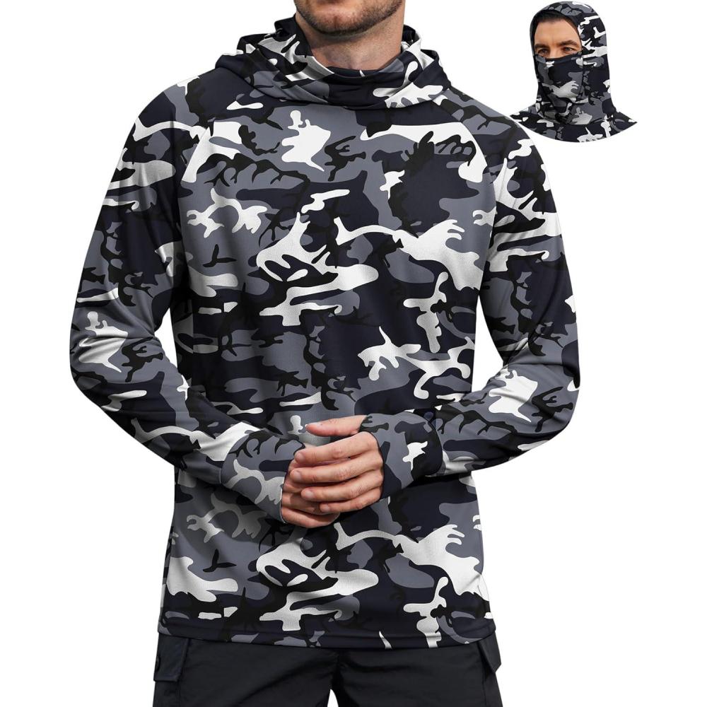 imageCOOFANDY Mens UPF 50 Sun Protection Hoodie with Mask Lightweight Long Sleeve SPF Fishing Shirts UV Hiking Running Rash GuardBlack Camouflage