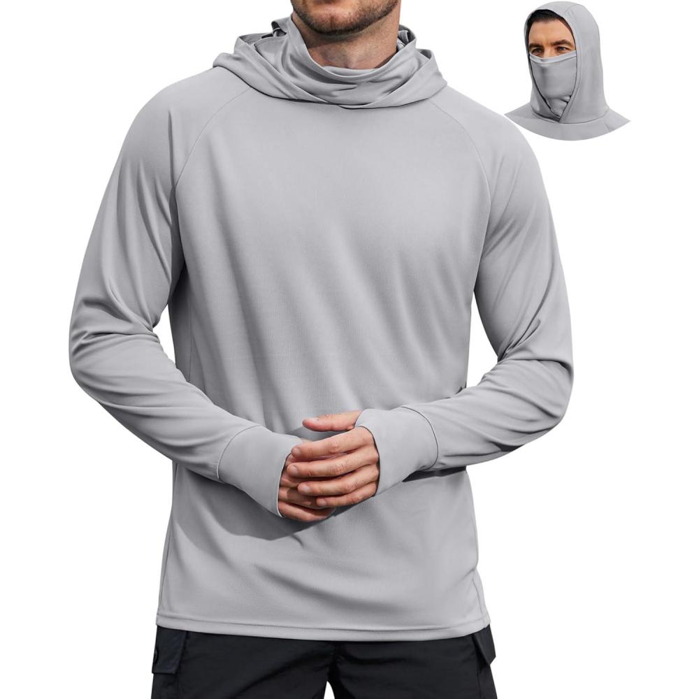 imageCOOFANDY Mens UPF 50 Sun Protection Hoodie with Mask Lightweight Long Sleeve SPF Fishing Shirts UV Hiking Running Rash GuardLight Gray