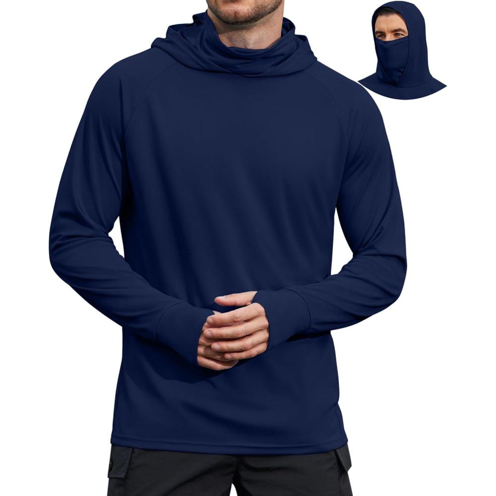 imageCOOFANDY Mens UPF 50 Sun Protection Hoodie with Mask Lightweight Long Sleeve SPF Fishing Shirts UV Hiking Running Rash GuardNavy Blue