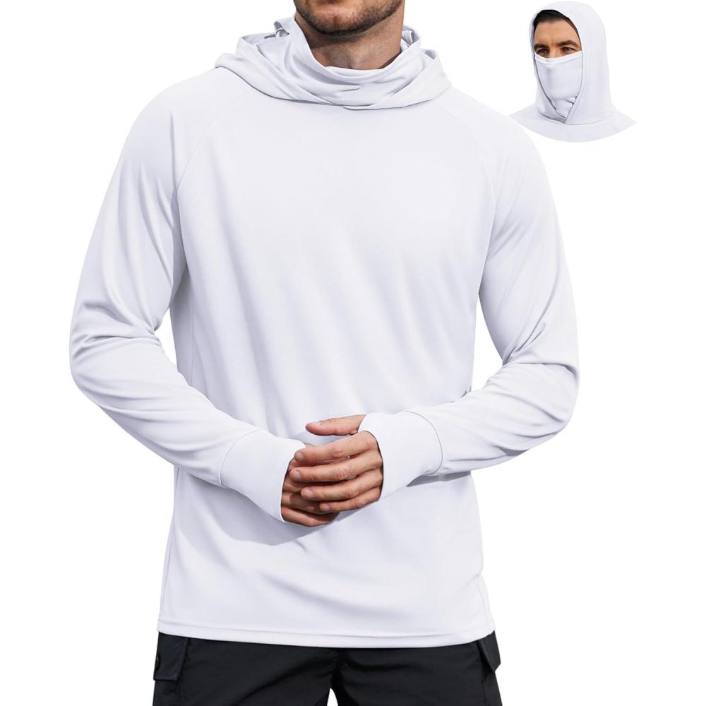 imageCOOFANDY Mens UPF 50 Sun Protection Hoodie with Mask Lightweight Long Sleeve SPF Fishing Shirts UV Hiking Running Rash GuardWhite
