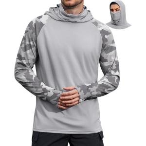 COOFANDY Mens UPF 50+ Sun Protection Hoodie with Mask Lightweight Long Sleeve SPF Fishing Shirts UV Hiking Running Rash Guard(Light Gray Camouflage)