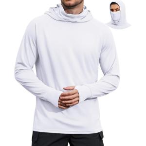 COOFANDY Mens UPF 50+ Sun Protection Hoodie with Mask Lightweight Long Sleeve SPF Fishing Shirts UV Hiking Running Rash Guard(White)