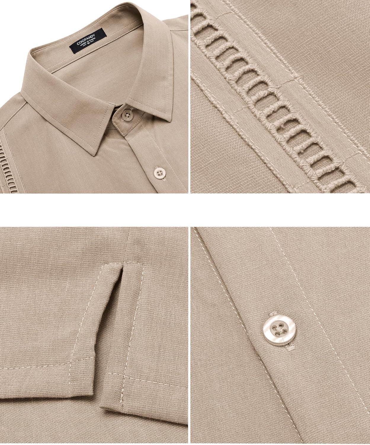 imageCOOFANDY Mens Short Sleeve Cuban Guayabera Shirt Casual Summer Beach Button Down ShirtsKhaki