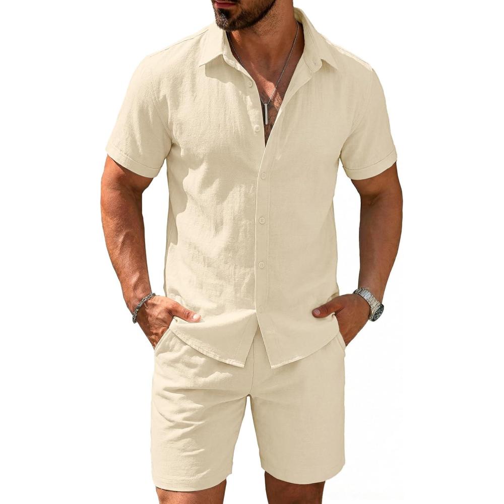 imageCOOFANDY Mens 2 Pieces Cotton Linen Set Short Sleeve Button Down Shirts Summer Beach Shorts Casual OutfitsBeige