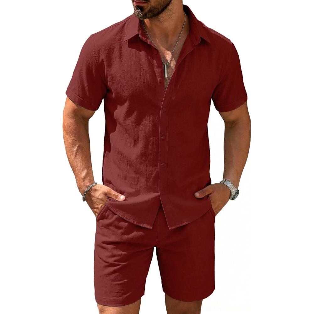imageCOOFANDY Mens 2 Pieces Cotton Linen Set Short Sleeve Button Down Shirts Summer Beach Shorts Casual OutfitsCrimson